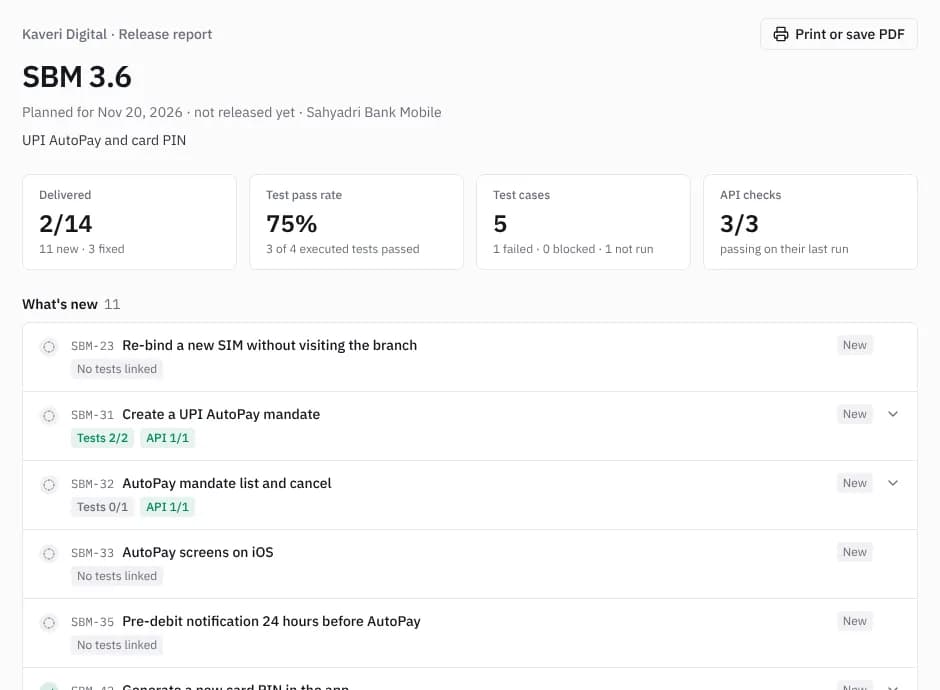 A client release report: stories shipped, tests run and API checks