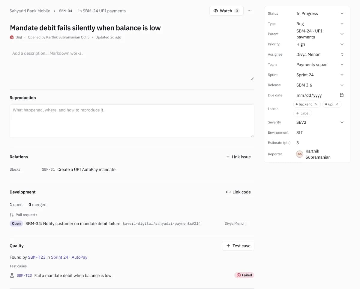 A story with its description, tests and pull requests