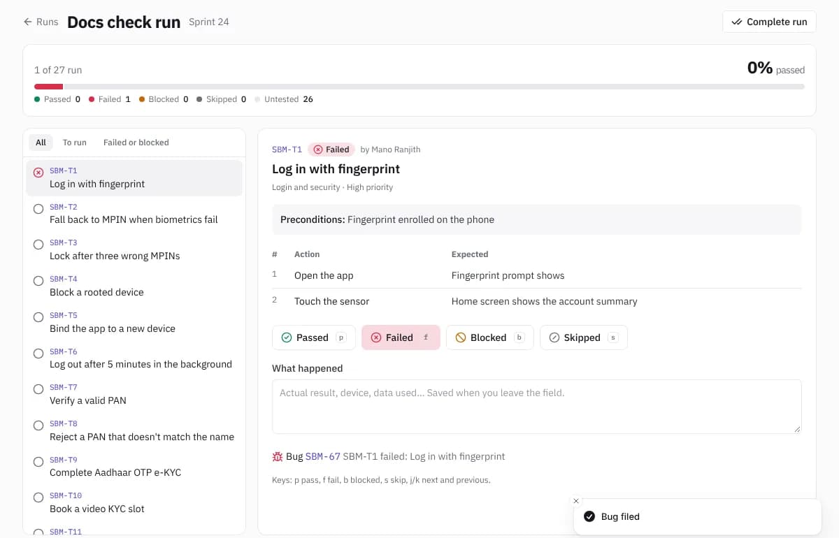 A test run with passed, failed and blocked cases