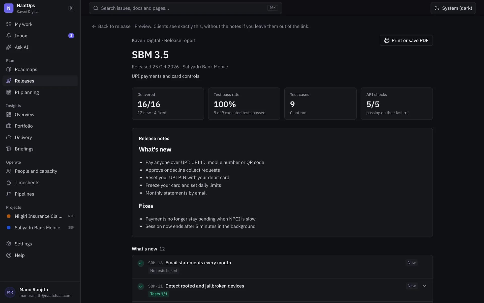 The release report a client opens from a link: stories delivered, tests passed and API checks