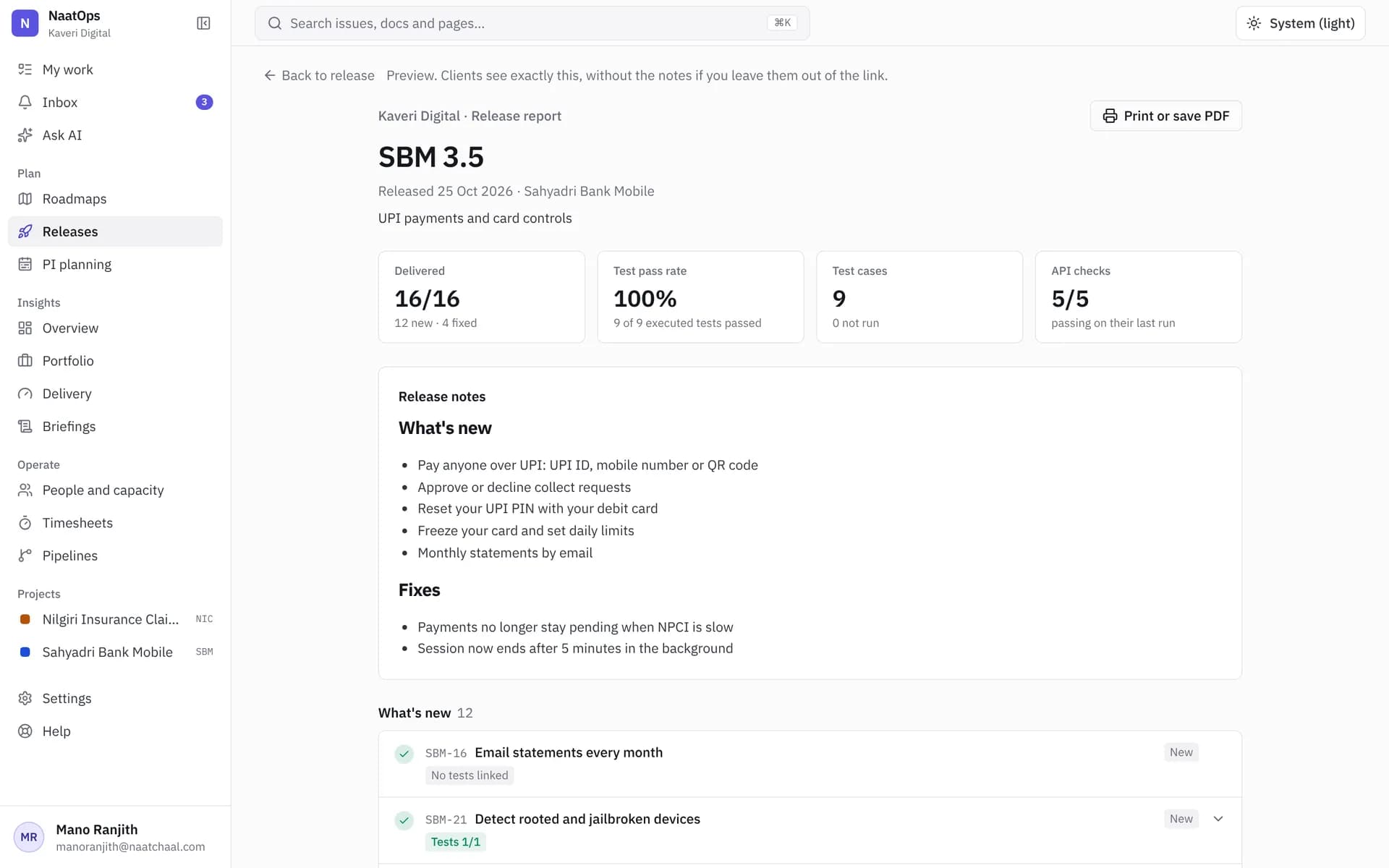 The release report a client opens from a link: stories delivered, tests passed and API checks