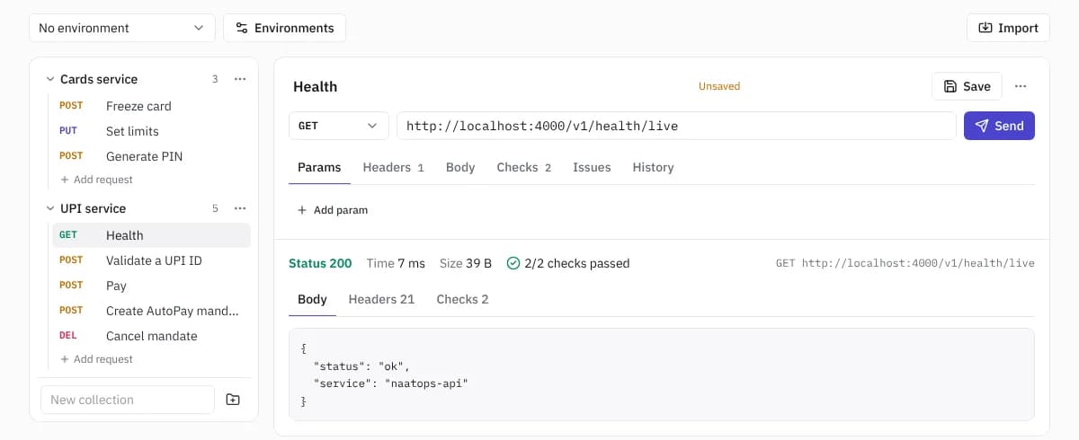 The API workspace with a saved request, environment and assertions