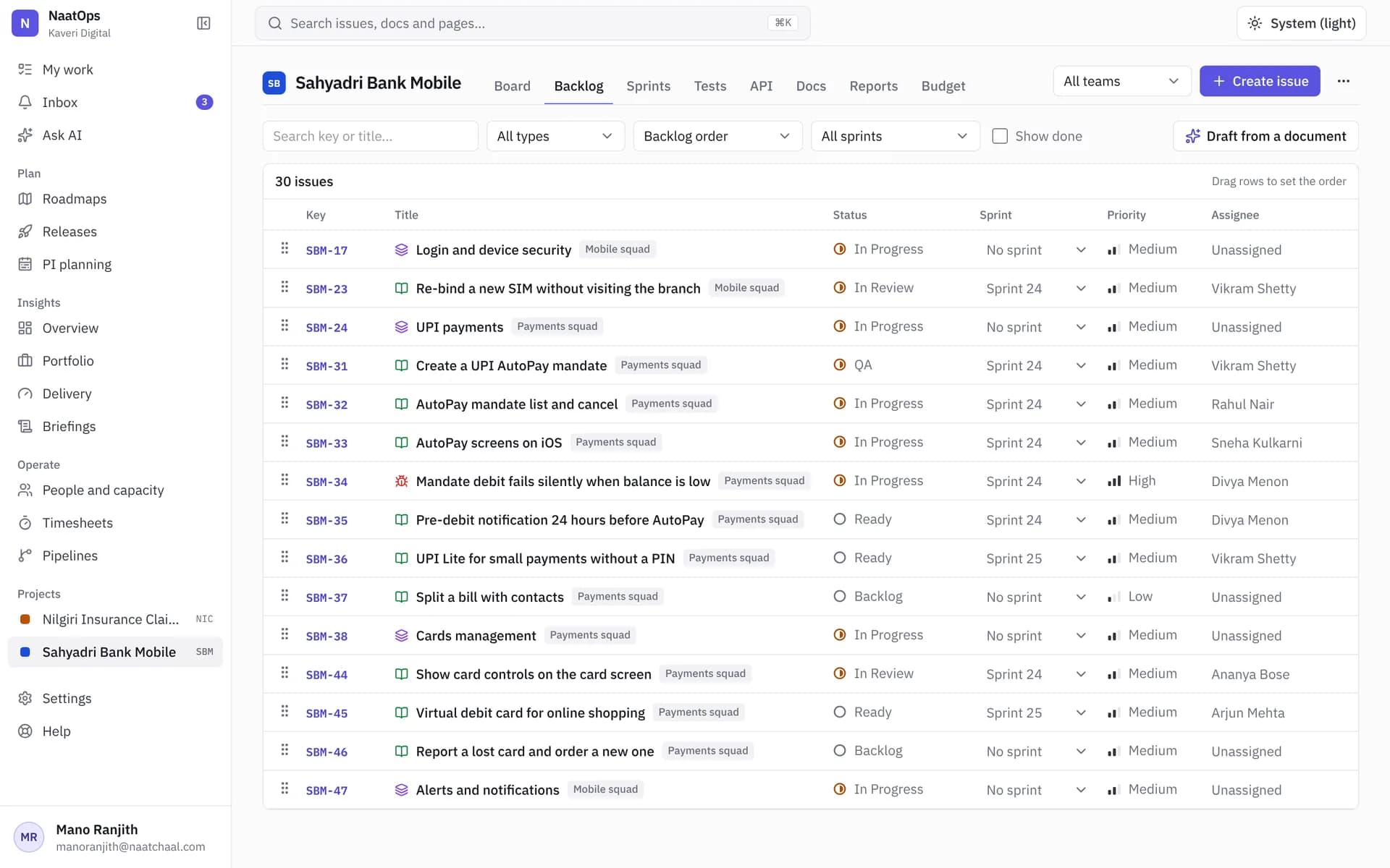 The backlog with a sprint being planned