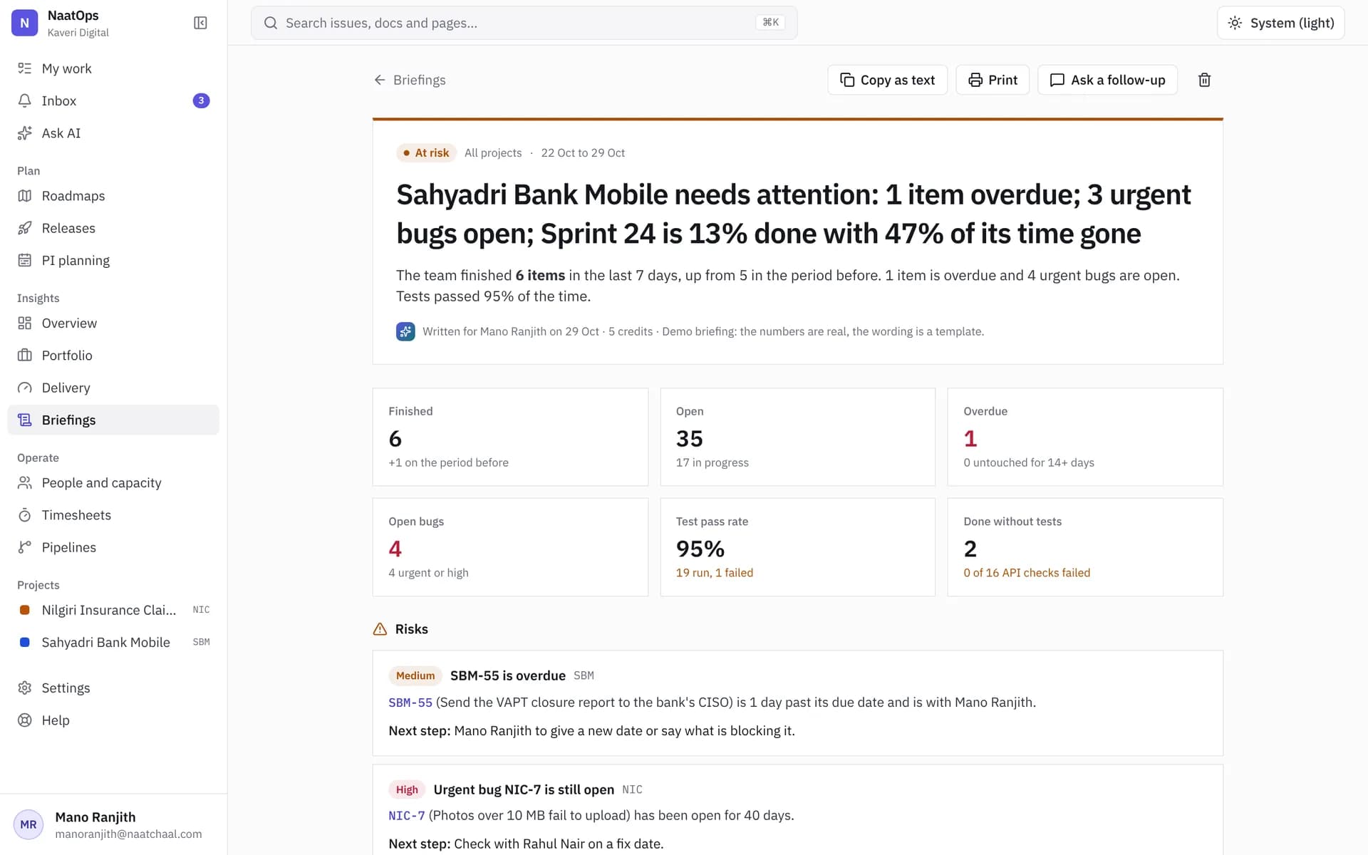 An AI briefing summarising projects for a delivery head