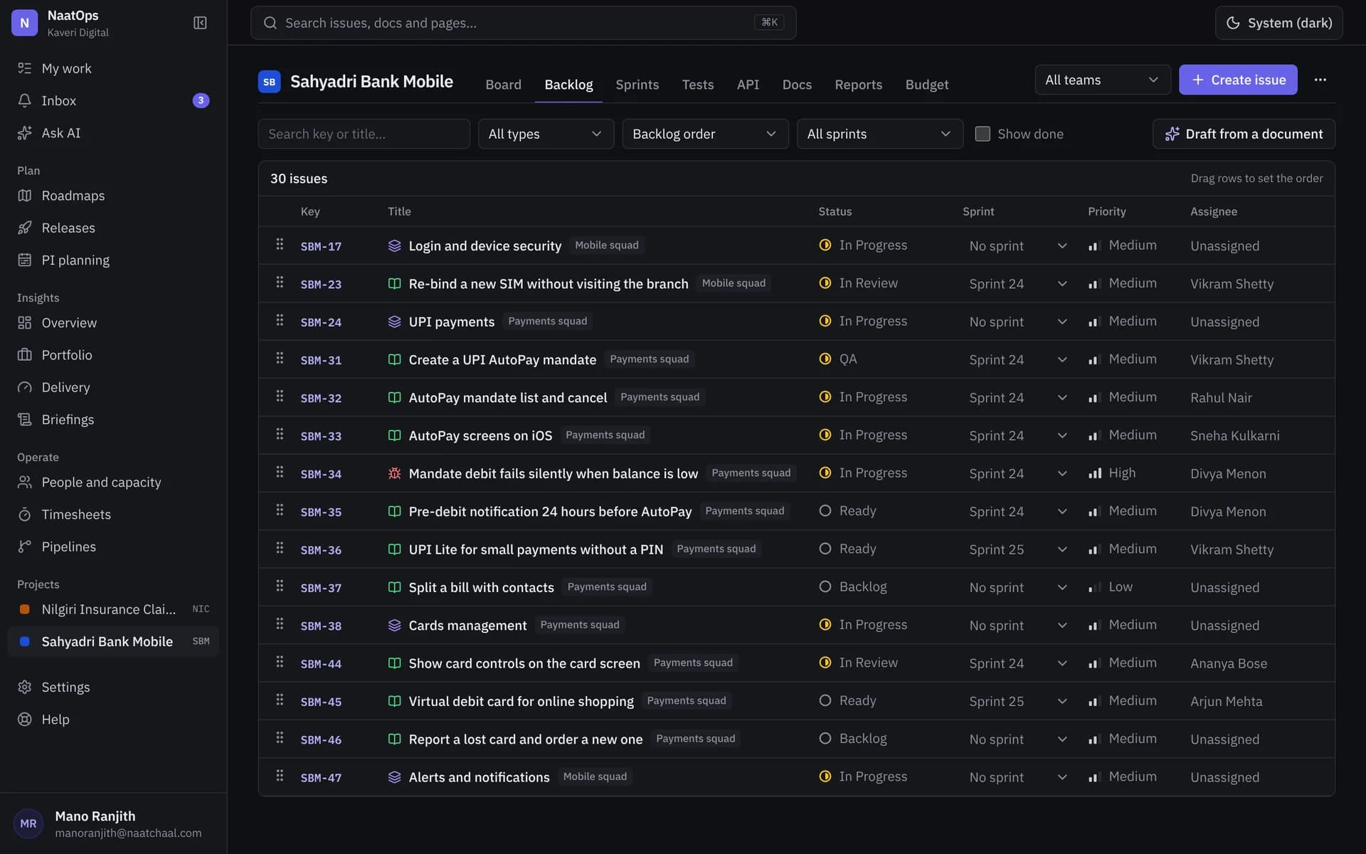 The backlog with a sprint being planned