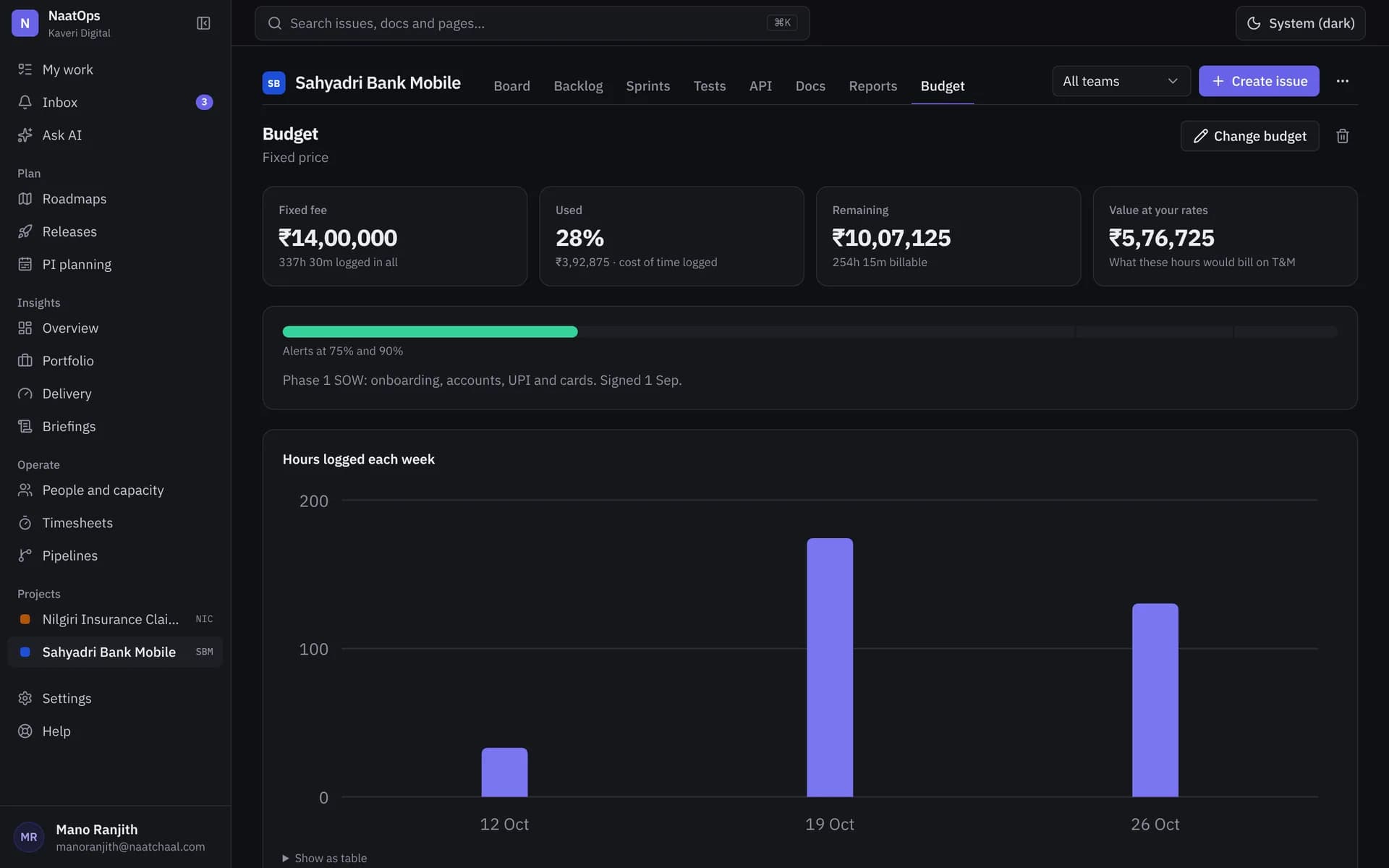 A project budget showing spend against plan