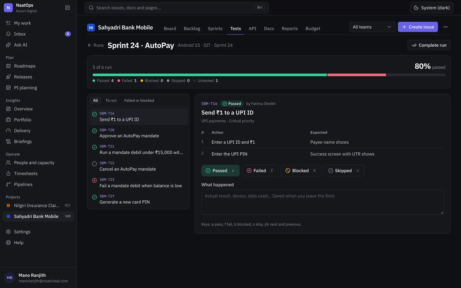 A test run in progress with pass, fail and blocked results