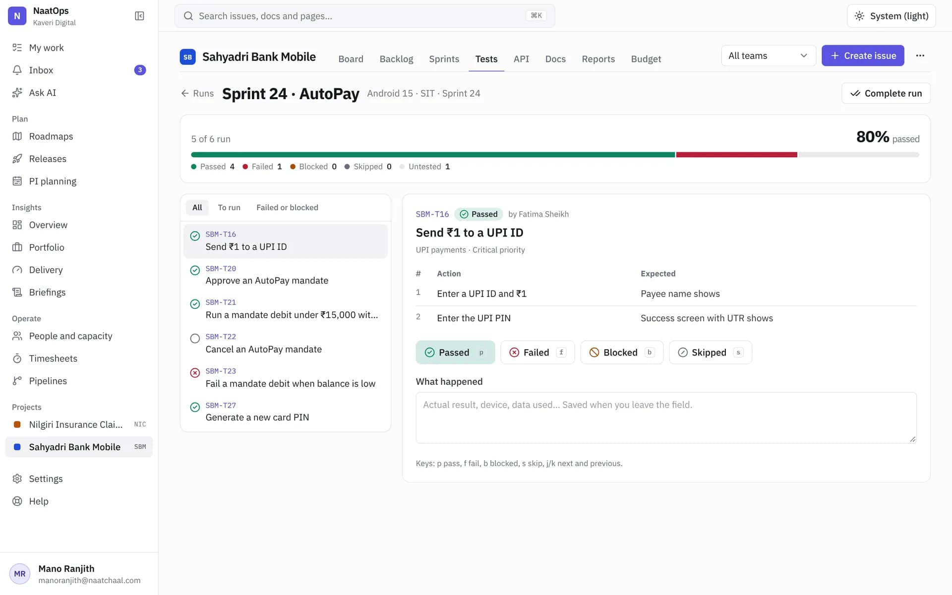 A test run in progress with pass, fail and blocked results