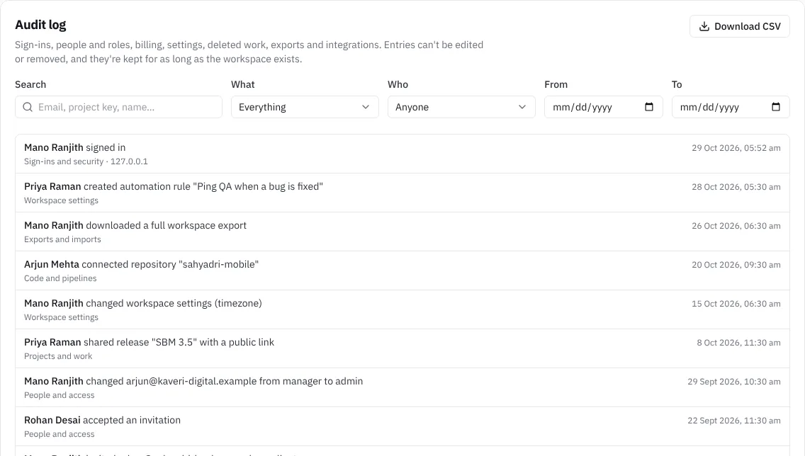 The audit log with its filters