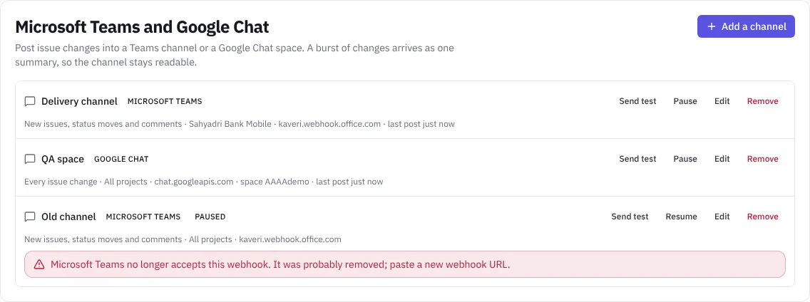 Teams and Google Chat channels in settings