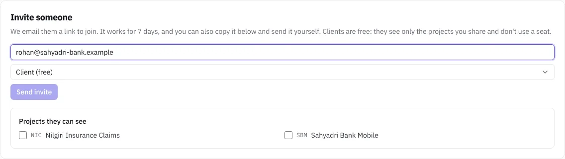 Inviting a client to one project