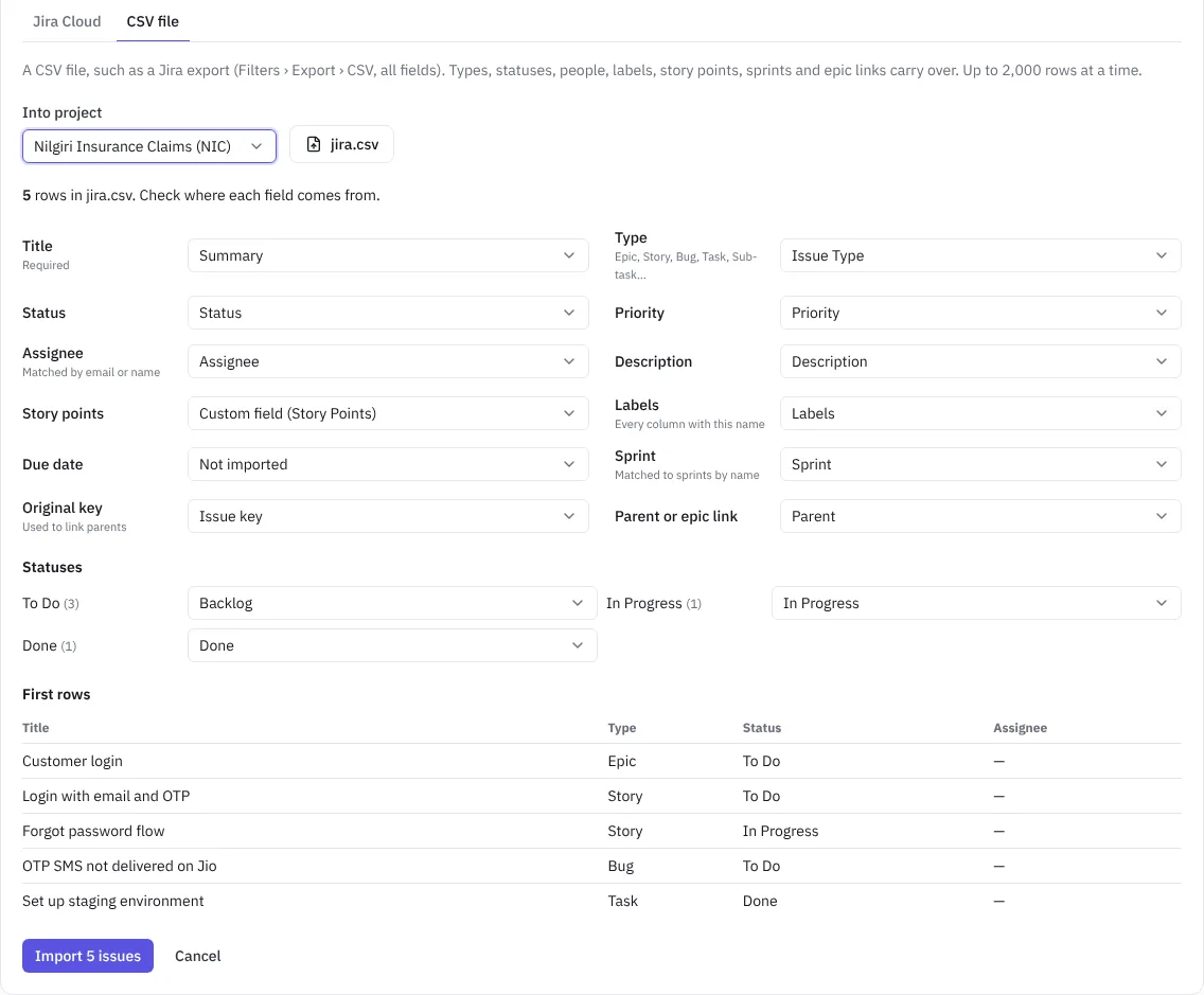 Checking the CSV import mapping