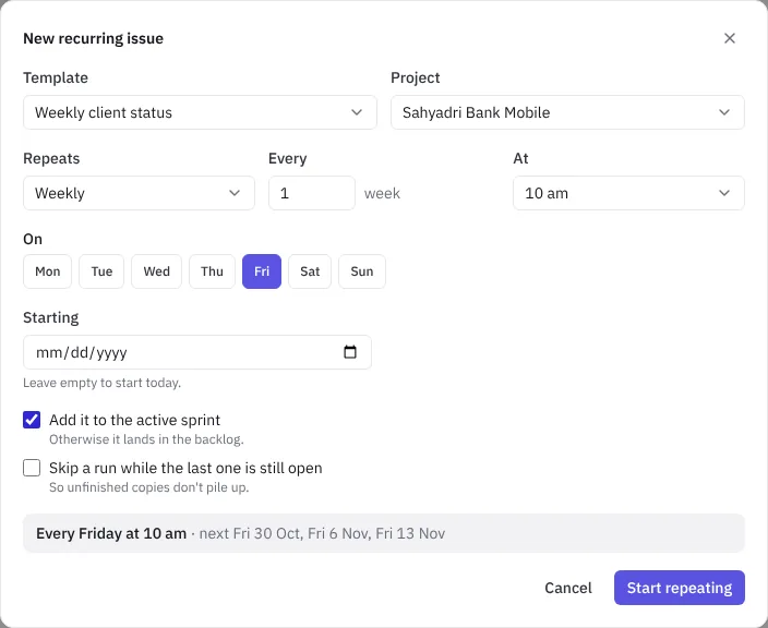 Setting up a recurring issue