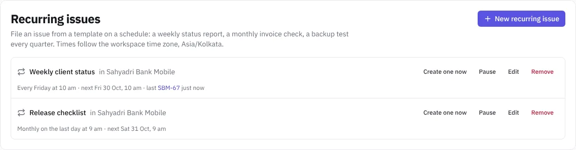 Recurring issues in settings