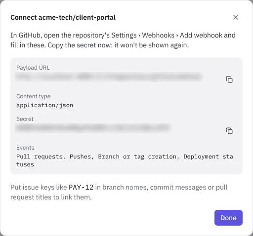 The webhook details shown after adding a repository