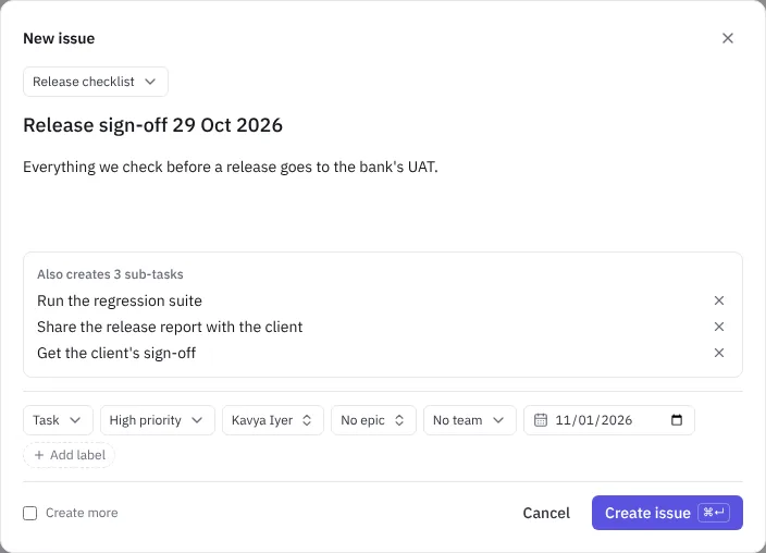 Creating an issue from a template