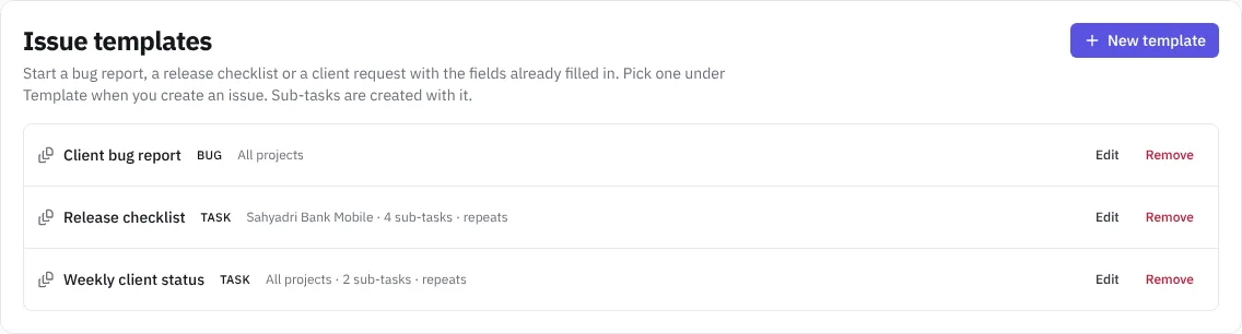 Templates in settings